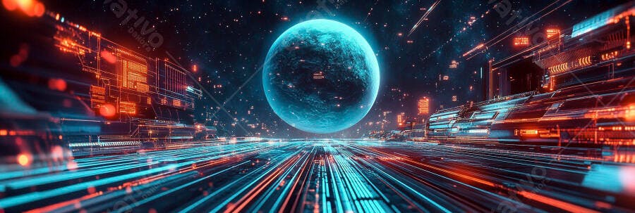 Planeta azul e cidade futurista com luzes de neon em rede tecnológica