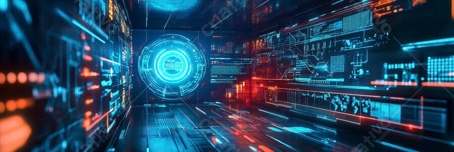 Corredor digital futurista com interface de dados neon azul e laranja brilhante