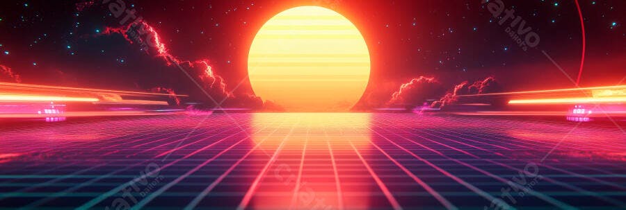 Paisagem digital futurista com sol neon e grade quadriculada vibrante