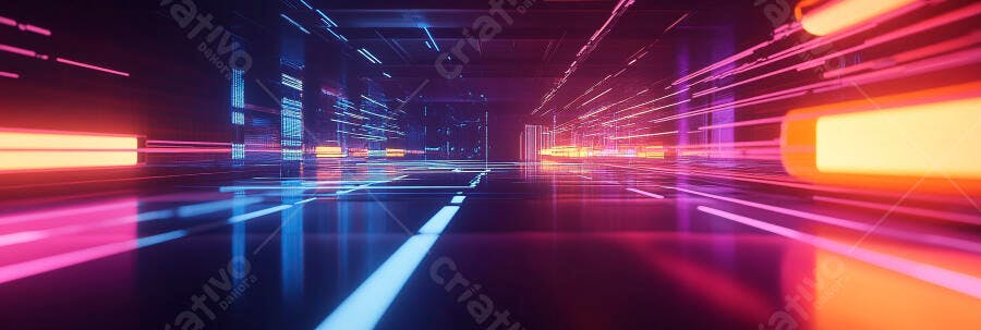 Túnel digital futurista com luzes neon azuis rosas e laranjas