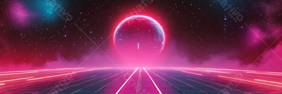Planeta neon rosa vibrante em cenário futurista com grid digital e céu estrelado