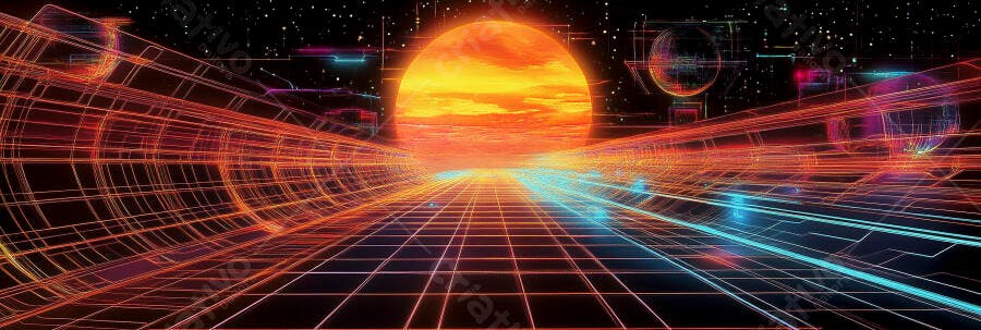Túnel digital futurista com sol laranja e linhas néon em espaço sideral