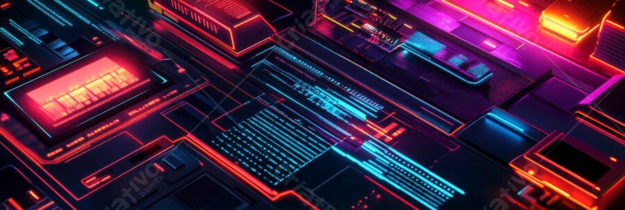 Circuito eletrônico futurista com luzes neon vibrantes