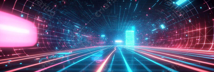 Túnel digital abstrato com trilhas de luz neon azul e rosa vibrantes