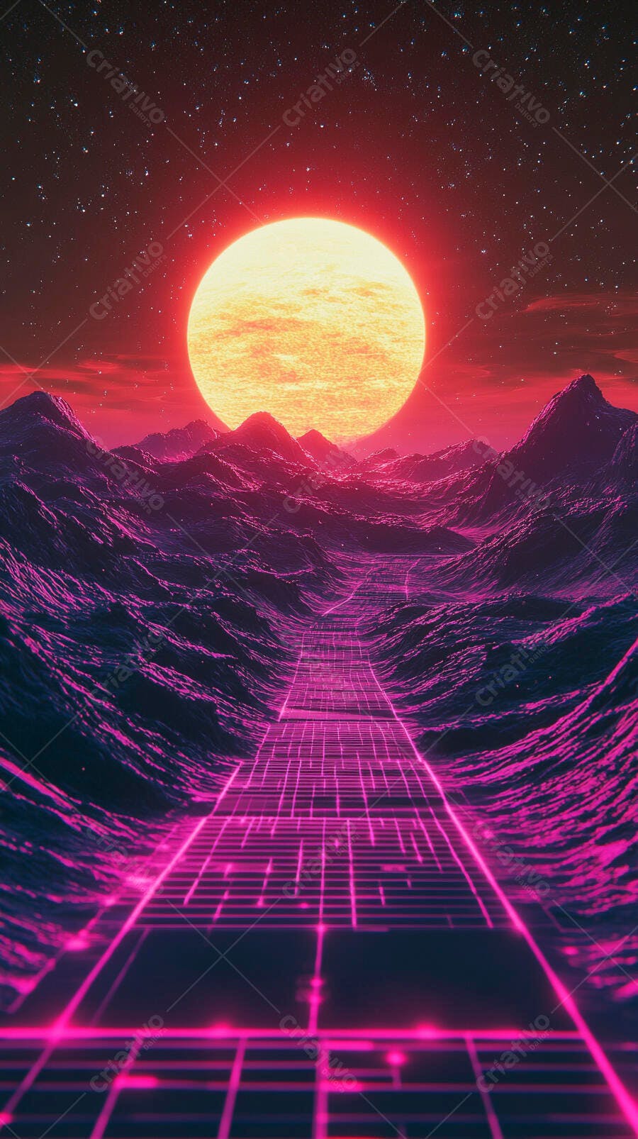 Paisagem synthwave com montanhas roxas e caminho de néon rosa sob sol gigante