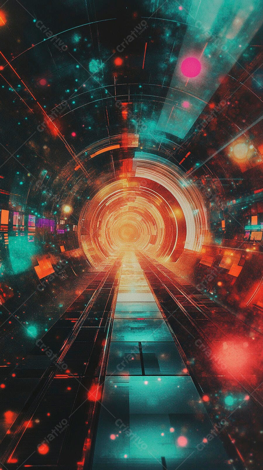 Túnel futurista digital com luzes laranja e ciano abstratas