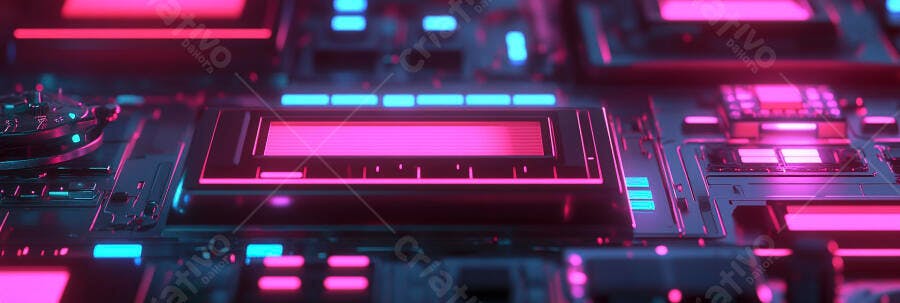 Placa de circuito com luzes neon rosa e azul em tecnologia futurista