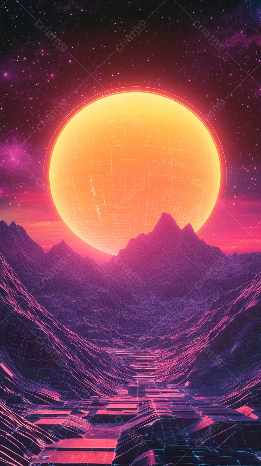Sol gigante laranja sobre vale montanhoso digital roxo e rosa