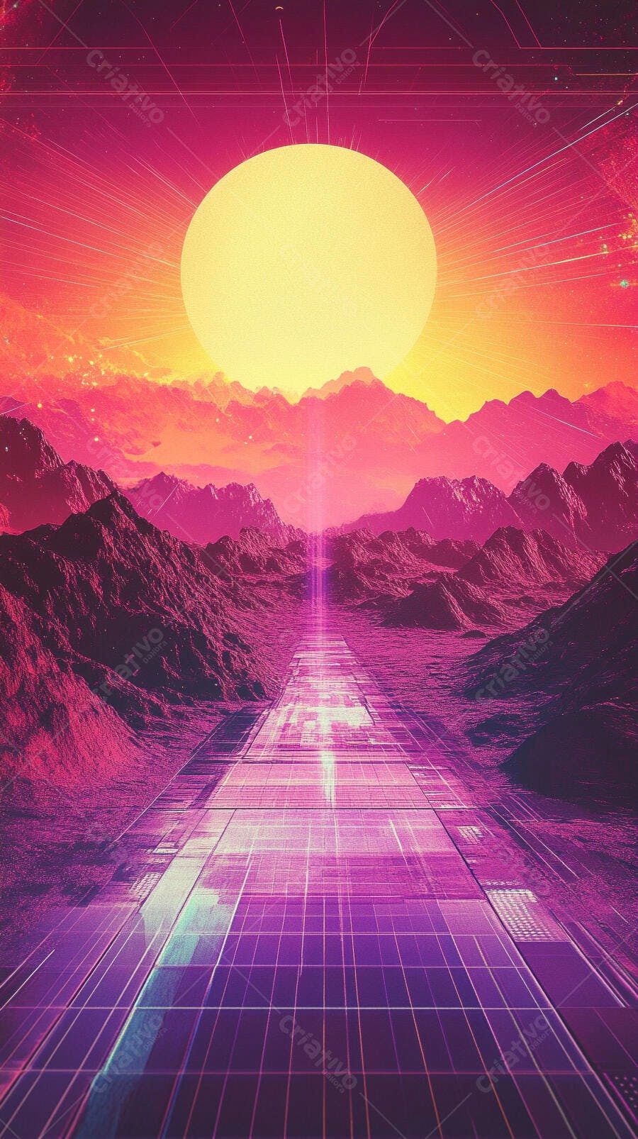 Sol vibrante sobre paisagem montanhosa futurista com estrada digital