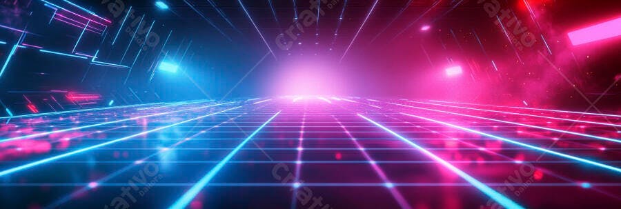 Túnel digital abstrato com luzes neon azul e rosa futurista