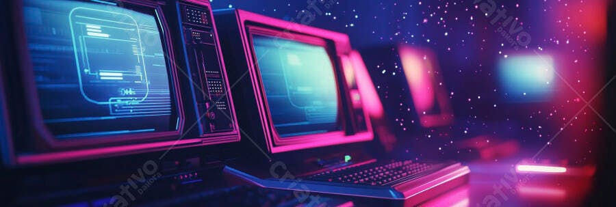 Computadores retro neon com telas digitais em espaço cibernético