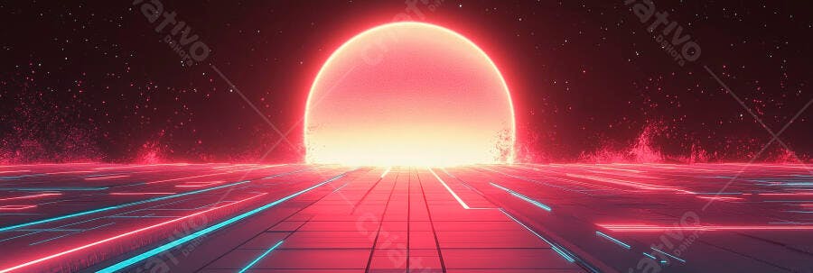 Sol digital vermelho neon em paisagem futurista com grade ciano e céu estrelado