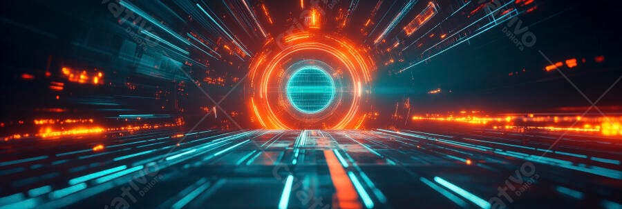 Túnel digital futurista com luzes de neon azuis e laranjas