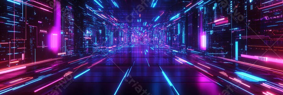 Túnel digital futurista com luzes neon azuis e rosas vibrantes
