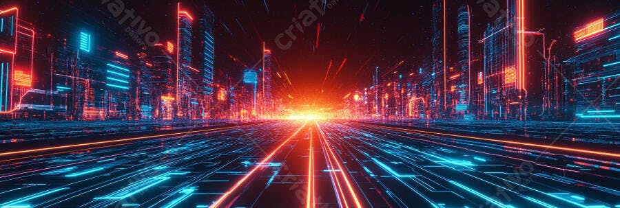 Cidade futurista com luzes neon azuis e laranjas rodovia de dados