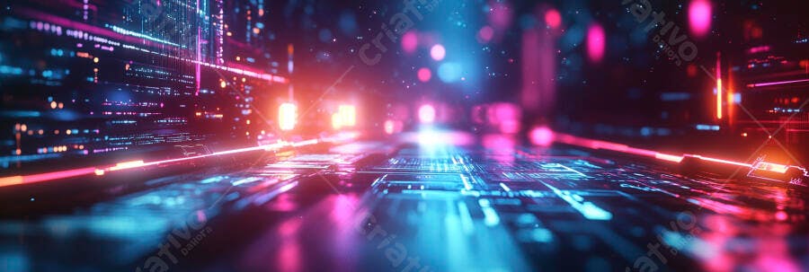 Estrada digital com luzes neon intensas e fluxo de dados futurista