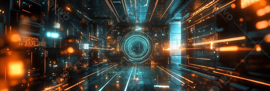 Túnel digital futurista com luzes ciano e laranja em alta velocidade