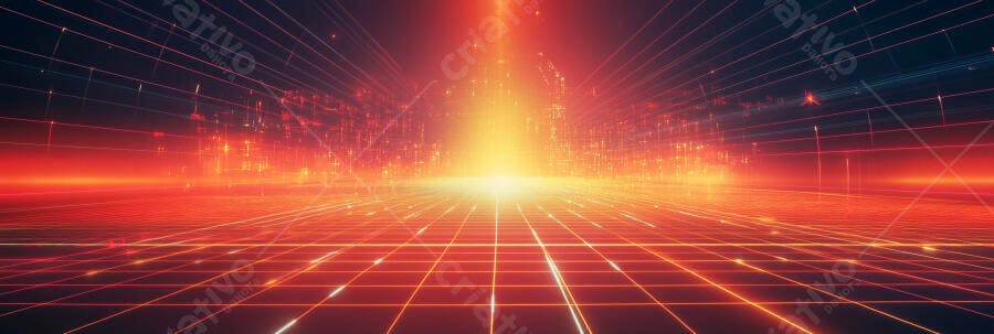 Grade digital futurista com luz laranja e vermelha explosão de dados