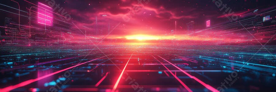 Paisagem digital futurista com linhas neon vermelhas e azuis ao pôr do sol