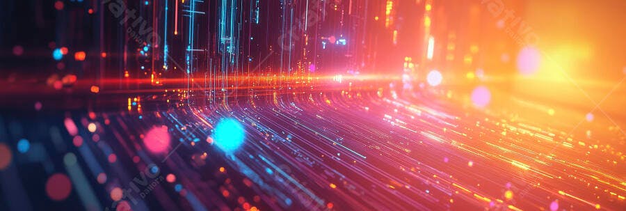 Fluxo de dados digitais abstrato com linhas e luzes azuis e laranja