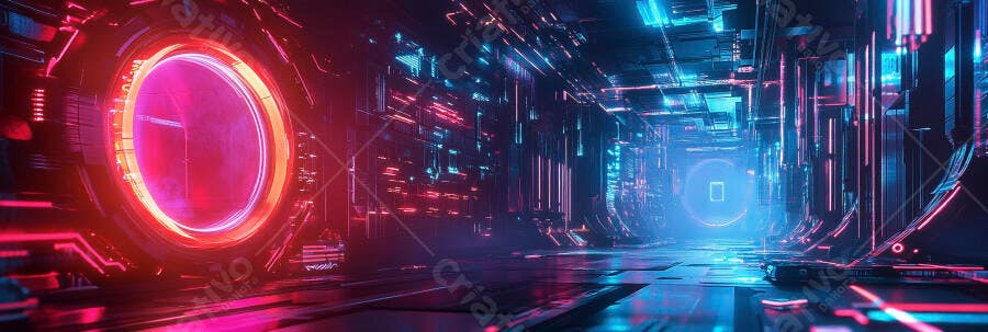 Túnel cibernético com luzes neon rosa e azul intenso arquitetura digital