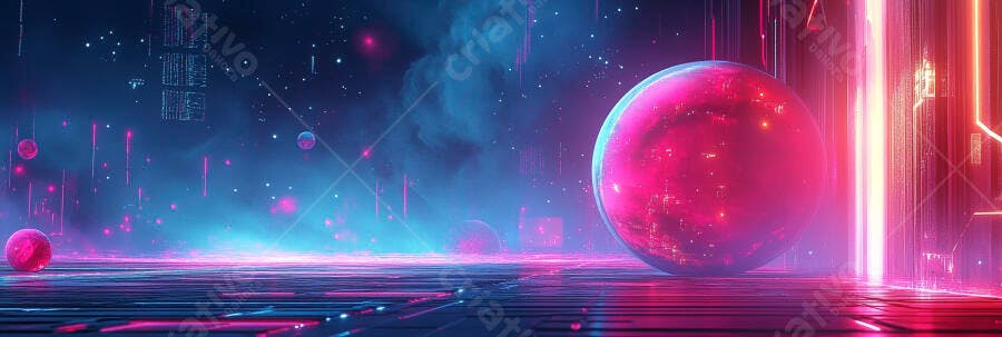 Esfera rosa brilhante em cenário futurista neon azul e roxo