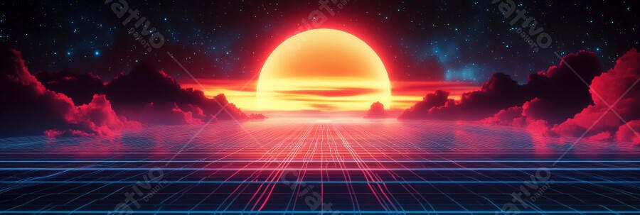 Pôr do sol digital vibrante em paisagem retrofuturista grade neon e céu estrelado
