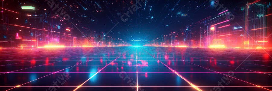 Paisagem digital futurista com luzes neon azuis e rosas e grid virtual