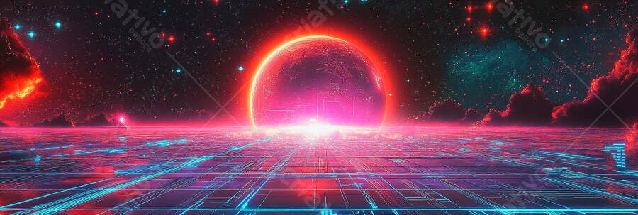 Planeta rosa brilhante em horizonte digital neon no espaço estrelado