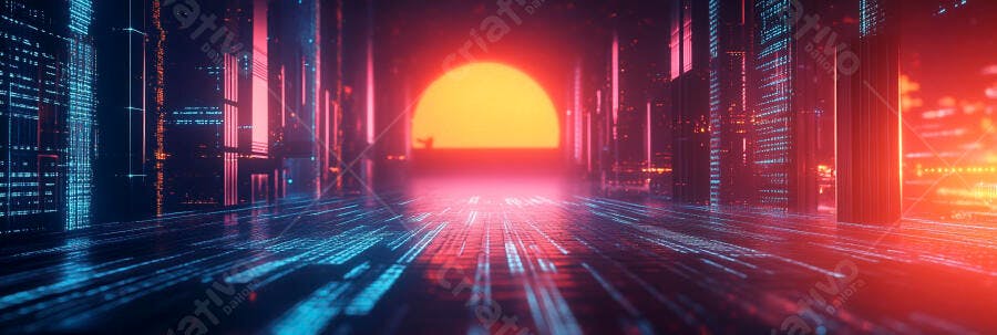 Cidade futurista com pôr do sol digital neon ruas de dados azuis