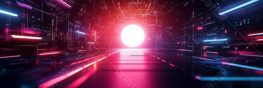 Túnel digital futurista com luzes neon rosa e azul intenso