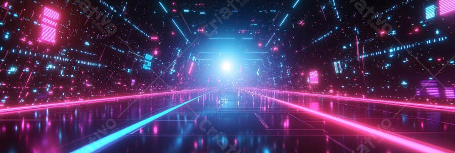 Túnel digital futurista com luzes neon rosa e azul vibrantes