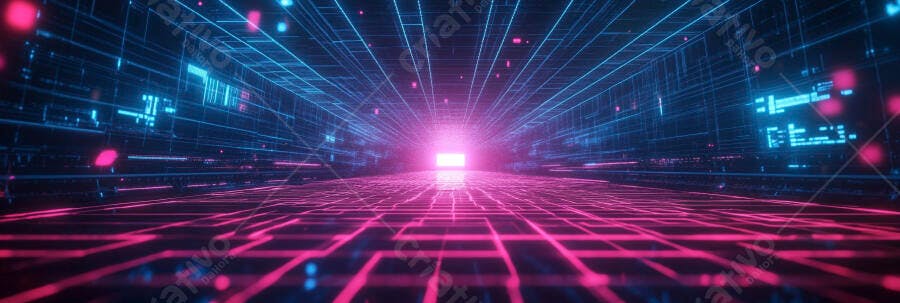 Túnel digital futurista com grades neon azuis e rosas