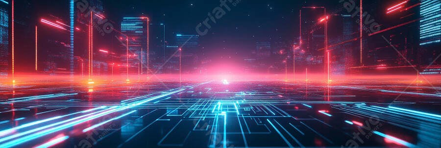 Cidade digital futurista com luzes neon azul e vermelho vibrantes