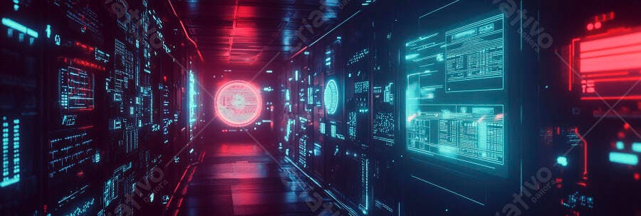 Corredor de servidor digital futurista com luzes neon ciano e vermelho intenso