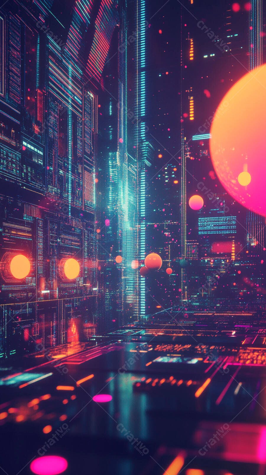 Cidade futurista com luzes neon vibrantes e esferas laranjas à noite