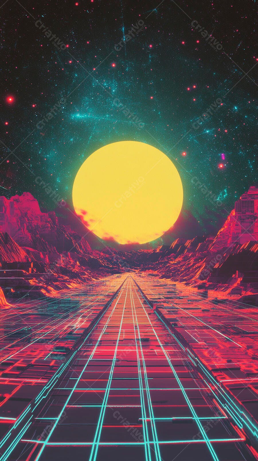 Cenário futurista com sol vibrante e estrada de grade neon no espaço