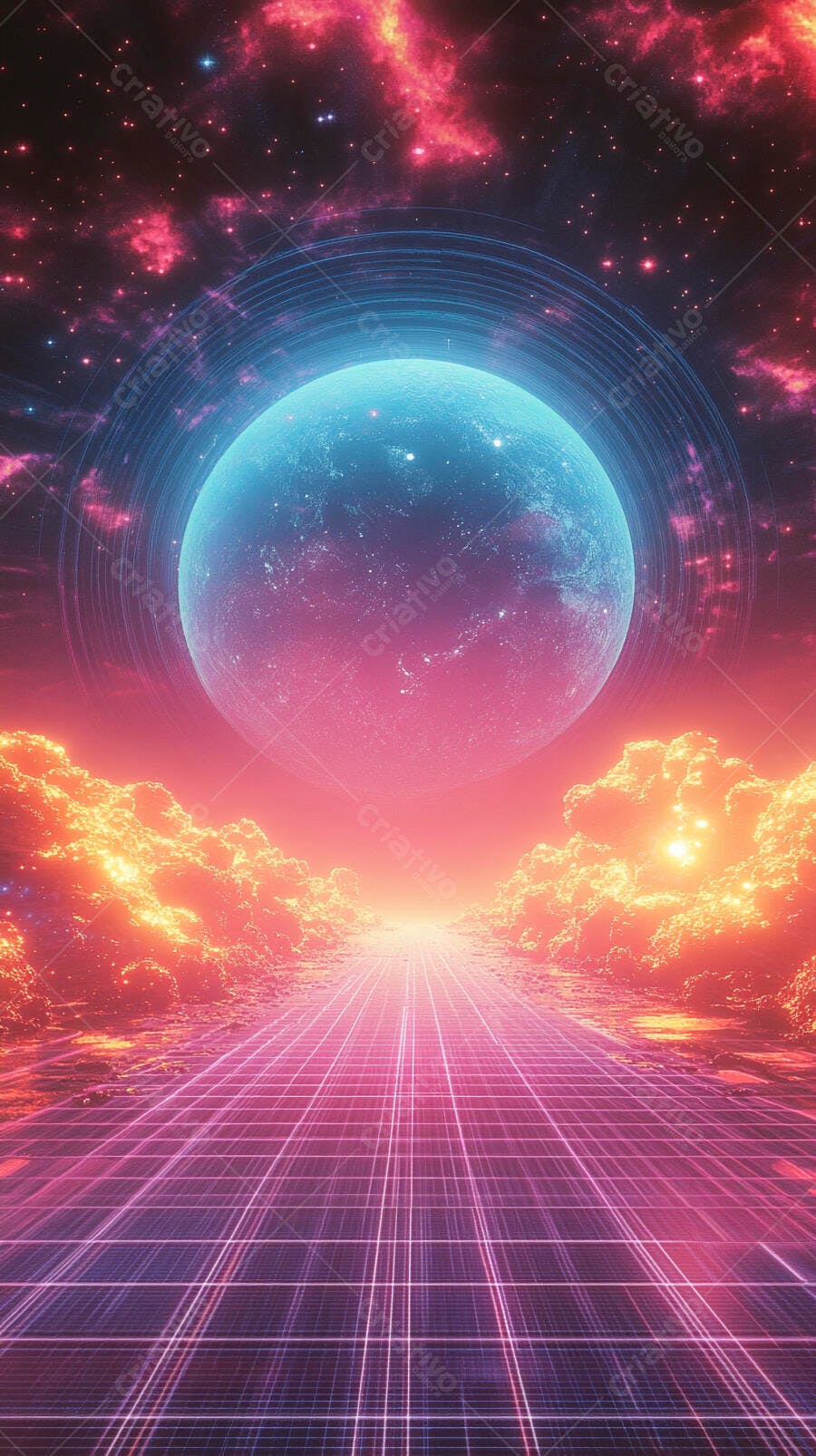 Planeta azul brilhante em paisagem espacial futurista com trilha neon e nuvens vibrantes