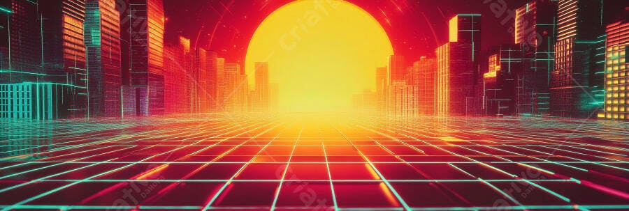 Cidade futurista retro com sol gigante e grades neon vibrantes