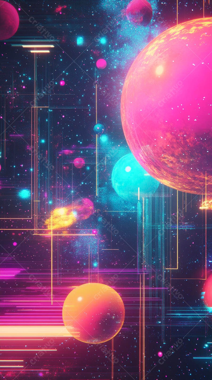 Universo digital com planetas neon e linhas geométricas azuis