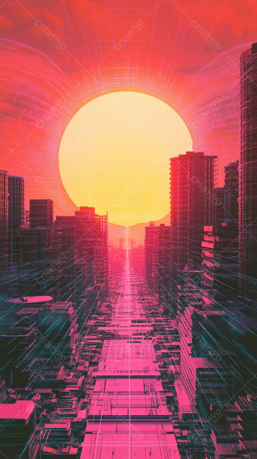 Cidade digital futurista com sol vibrante e arranha-céus em estilo cyberpunk