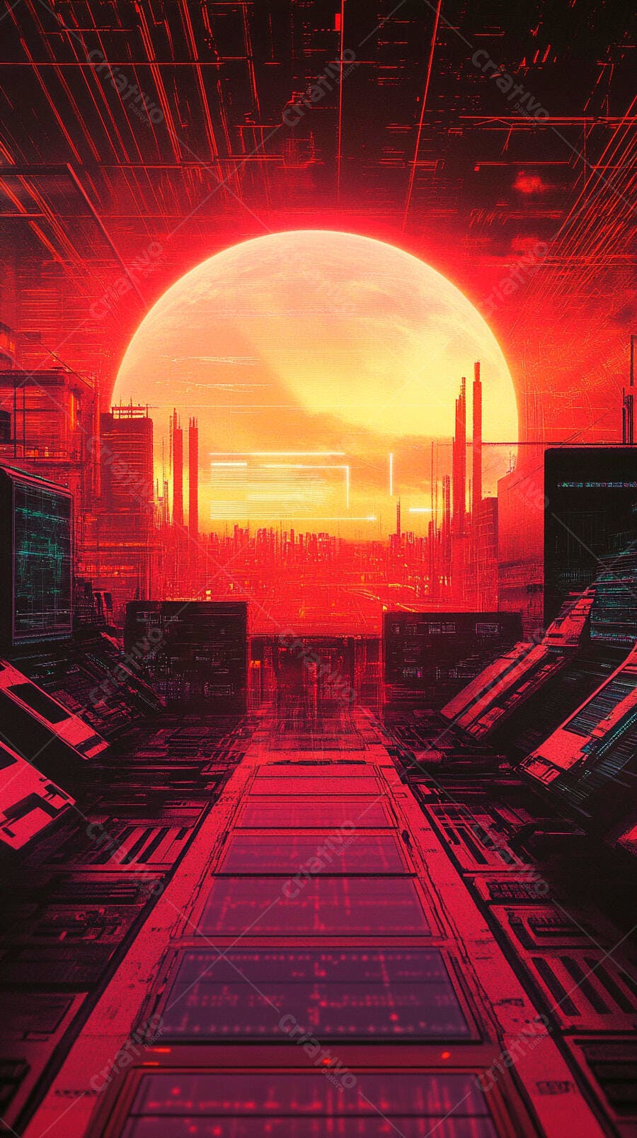 Cidade futurista vermelha com sol gigante e paisagem distópica digital