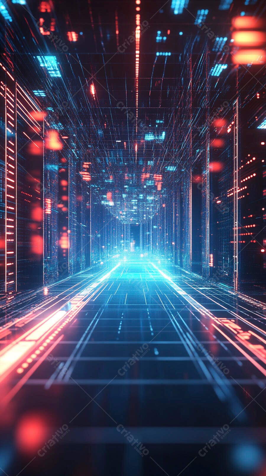 Túnel digital abstrato com luzes azuis e vermelhas rápidas
