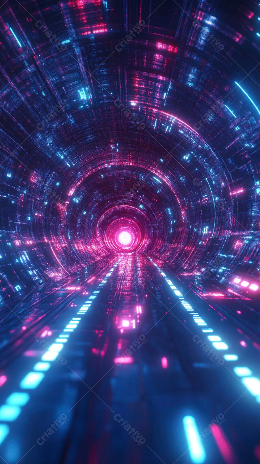 Túnel digital futurista com luzes neon azuis e rosas brilhantes