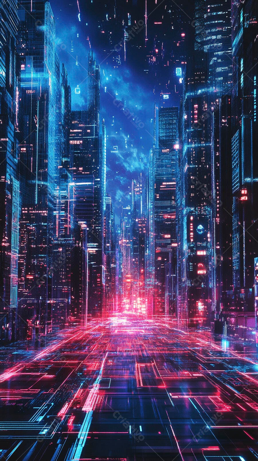 Cidade futurista cyberpunk com arranha-céus e luzes neon azuis e vermelhas