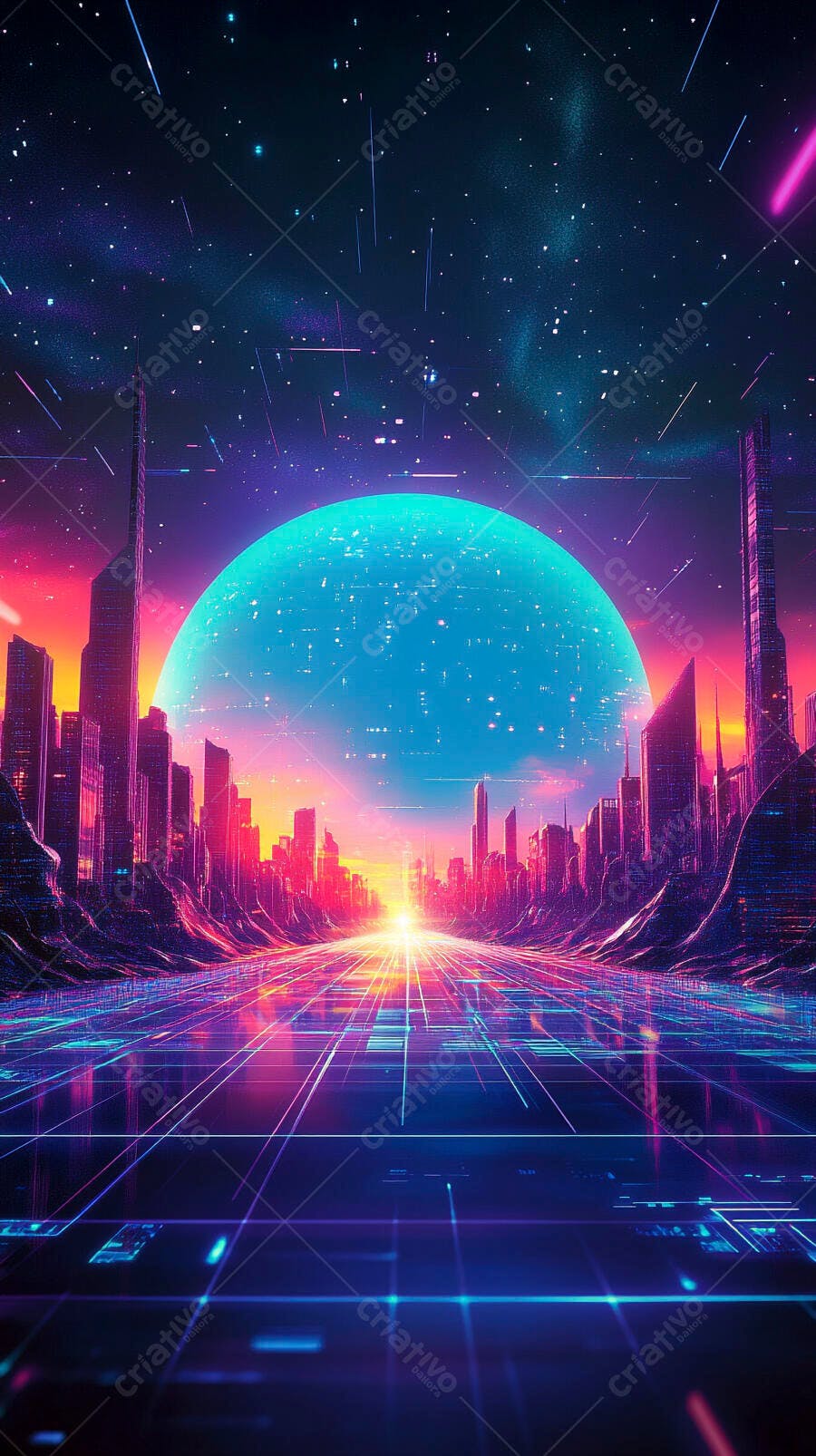 Cidade futurista neon com arranha-céus e sol azul vibrante no horizonte