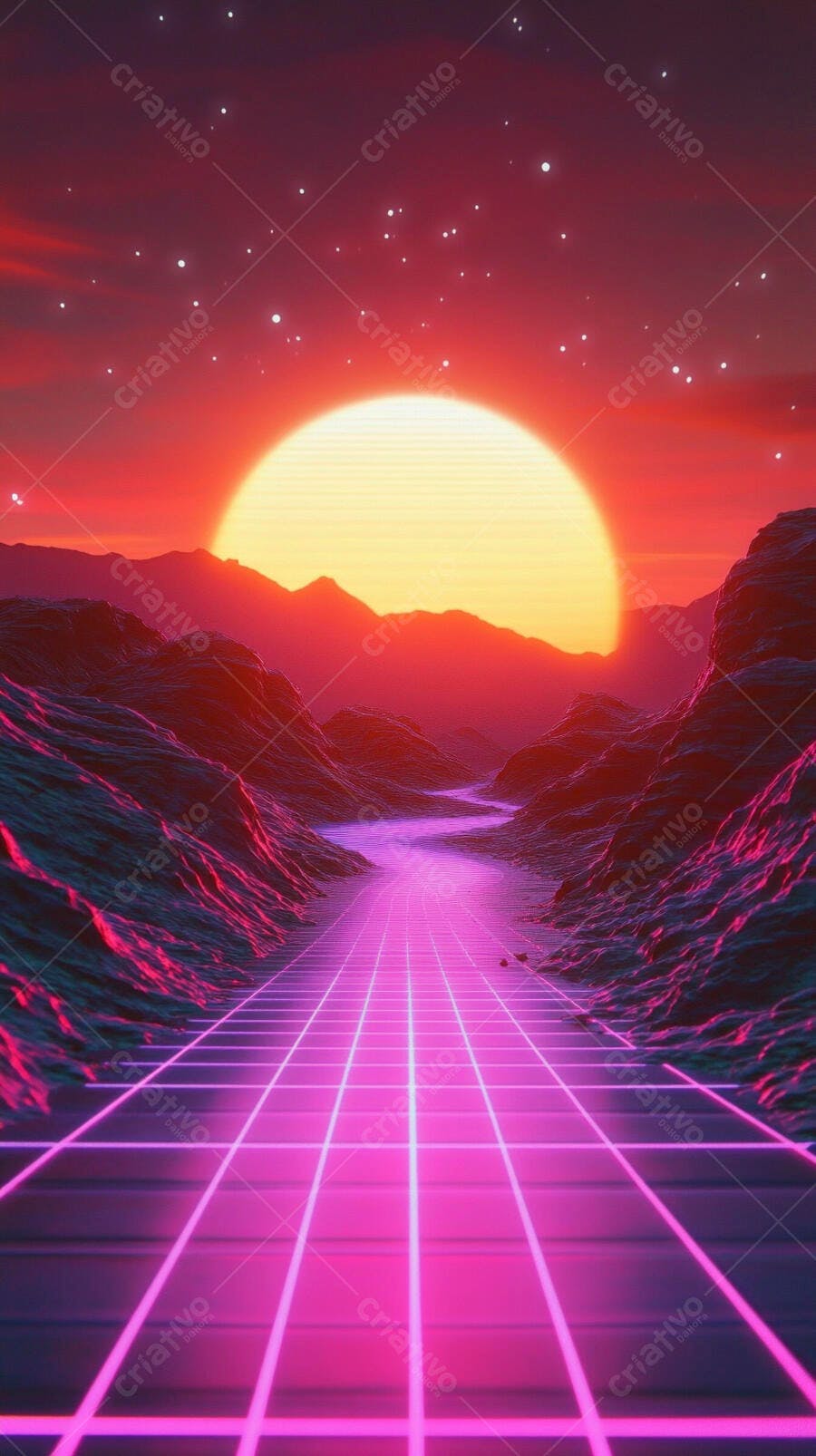 Paisagem synthwave com sol gigante e grade neon em vale montanhoso
