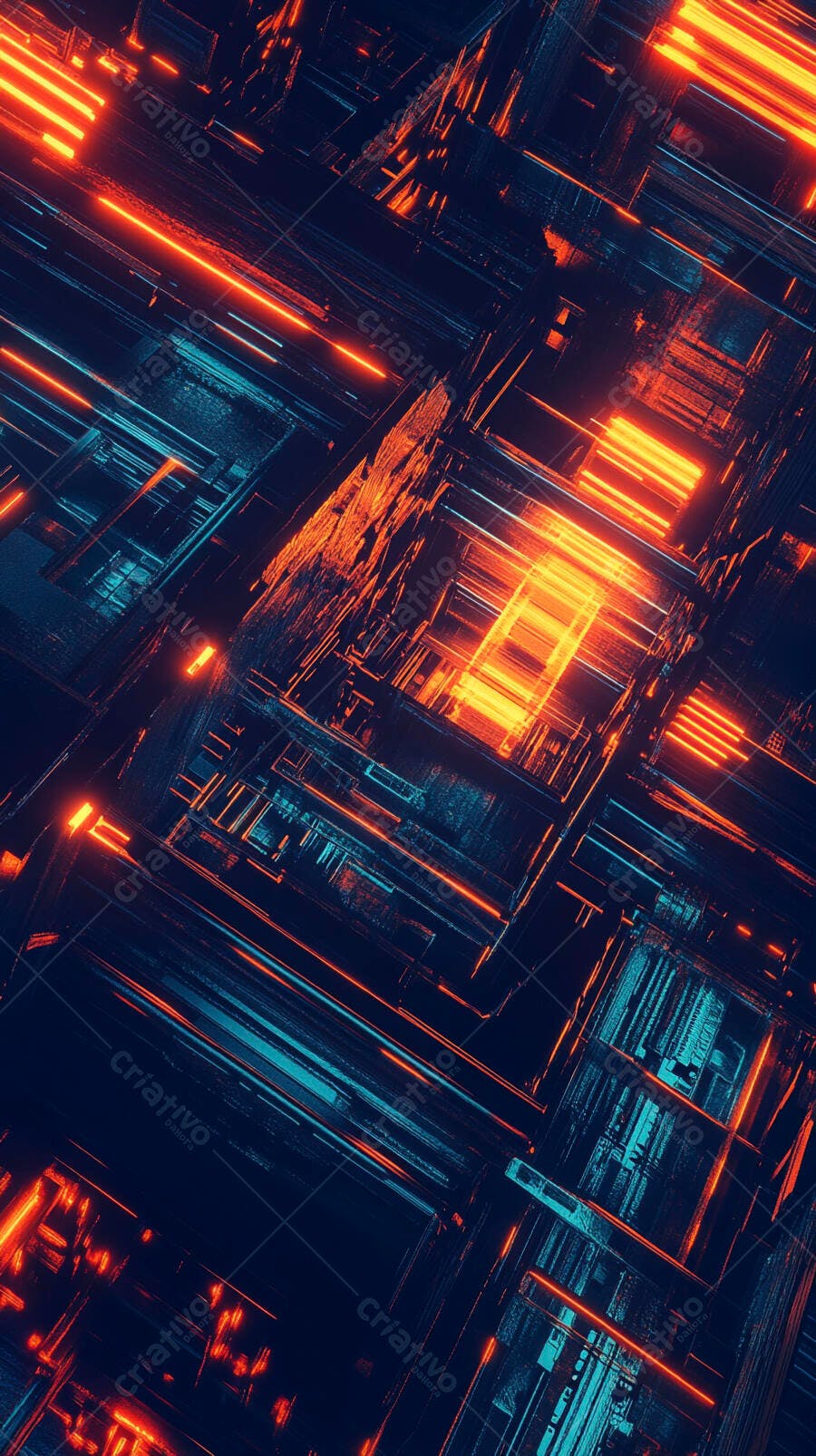 Rede digital abstrata com luzes neon laranja e azul vibrantes