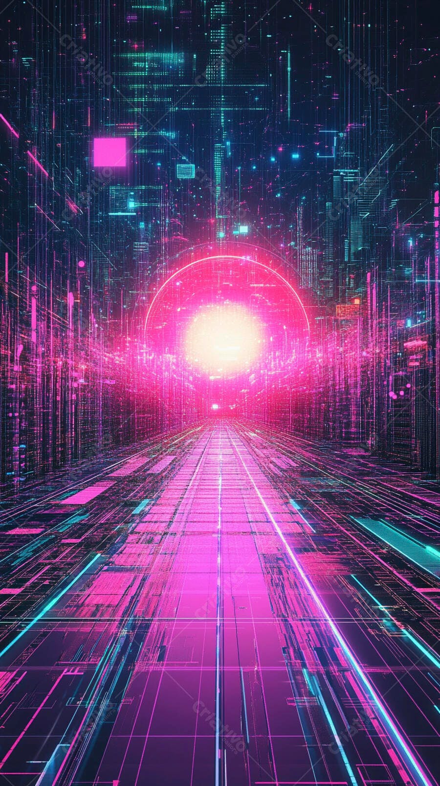 Caminho digital futurista com luzes neon rosa e azul