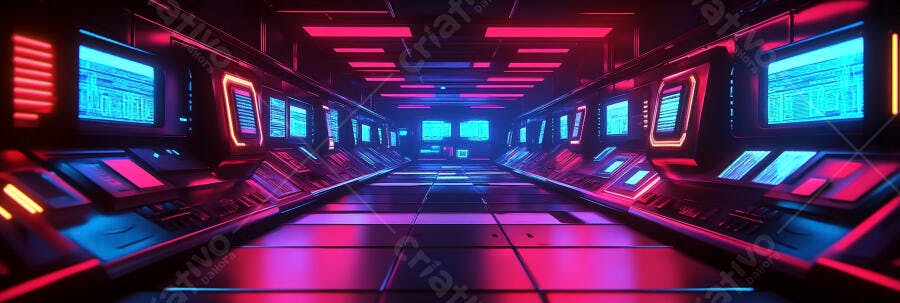 Corredor futurista de sala de controle com luzes neon rosa e azul